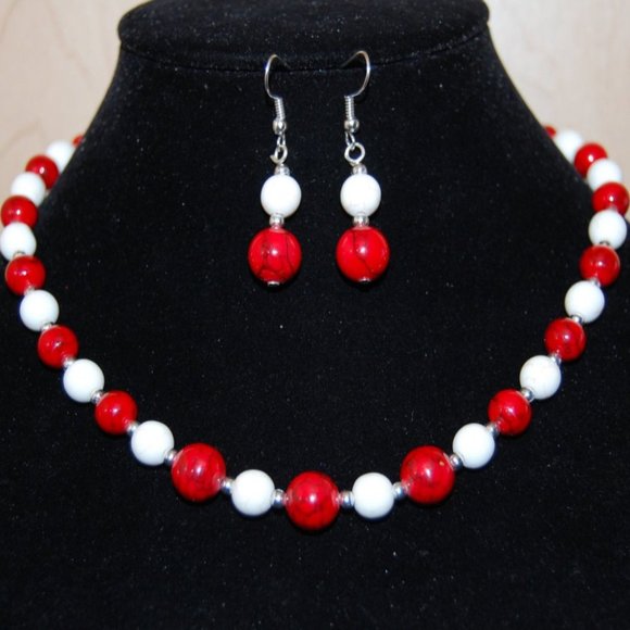 Red Howlite Necklace and Earrings Set,Red and White Howlite Gemstone Beads,Red - Picture 1 of 5